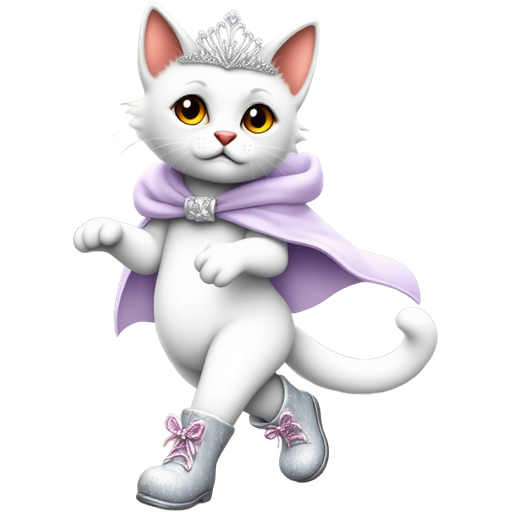 Whimsical feline adorned with a sparkling silver tiara and a flowing lavender cape, prancing through a magical forest, surrounded by twinkling fireflies and blooming flowers. Its fur shimmers like stardust, and it wears tiny, glittery boots as it gracefully dances beneath a canopy of shimmering leaves.