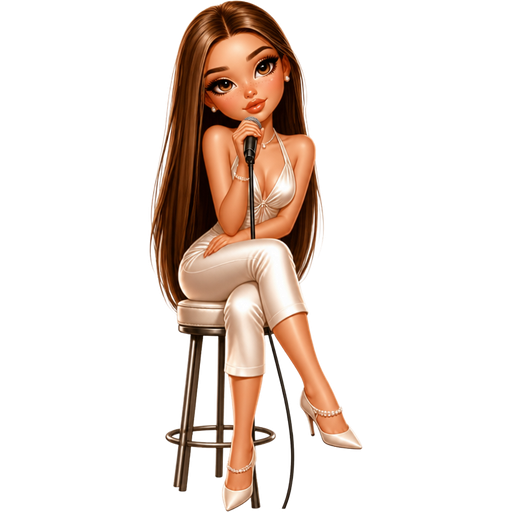 semi-realistic soft cartoon luxury glam, mini plush Bratz-doll aesthetic, cinematic glow, crisp clean detail, glossy glam skin. brown eyed Petite 5ft girl, fair skin with soft freckles, wide face with tall forehead, honey-brown almond wide-set upturned eyes, fluttery lashes, shimmer highlight, plush lips, bottom heavy lip, sweet Belle-princess vibe, long straight brunette hair with visible caramel highlights, wearing a cream satin halter top with matching capri pants, pointed heels and soft pearl jewelry, holding a microphone while sitting on a stool in a dreamy singer pose