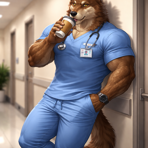A Full Body Image of a Hunky and Chunky a Brown Wolf Nurse who is a Muscular but not to muscular Masculine and Handsome and Ginormous Arms and a Rounded and Wide Chest Short Strait Hair. Dressed in Nurse Scrubs with a Coffee in his hand drinking and leaning on the wall