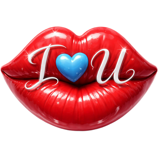 IšU written in swirling cursive on shiny red, plump, puckered lips with a beautiful shape and a 3D effect that makes them look puffed out for a realistic appearance.