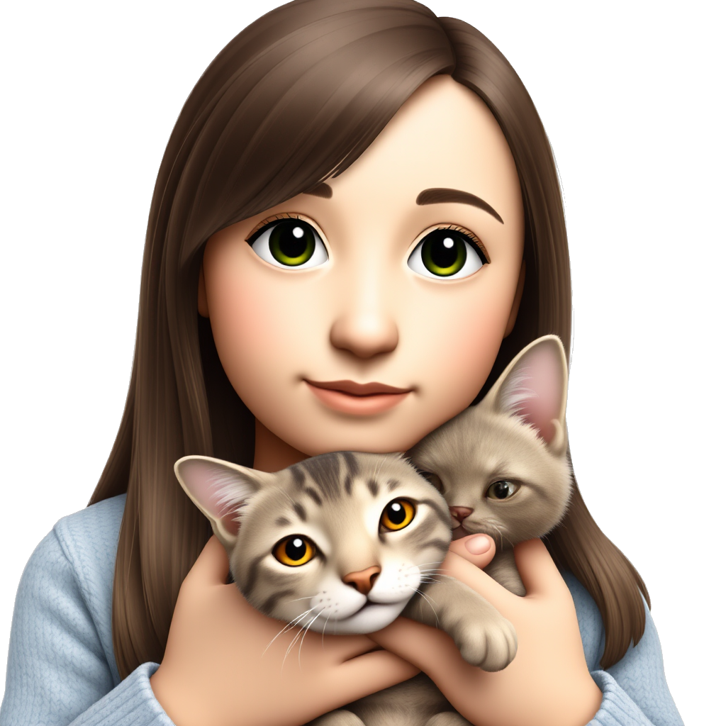 19 years old girl, holding a cat, waearing light-blue sweater, black arabian eyes, sand-tan skin, brown hair and a bit big nose