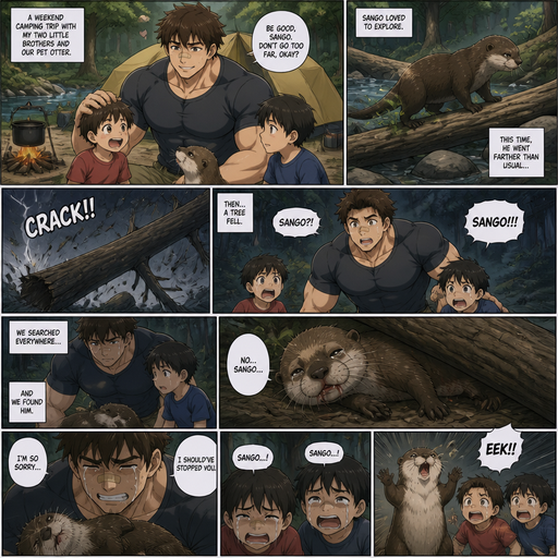 A DETAILED AND LIFELIKE ANIME Comic Book story view of a Bulky but Muscular ANIME Cute Bara Man With Peach toned skin Who looks Normal aind round facial Structure and Basic facial structure With Puffy and Big Pecs that are visible through the shirt and Biceps and Bandaid on his nose and Brown Fluffy and Strait hair. Wearing a normal clothes And with his pet and grown otter and 2 little brothers. And they went camping and The otter went to but went to go explore without anyone with him and then A tree falls and the They go find the otter and it’s over. The otter an his lat breathe and They cry. The otter Scared the kids