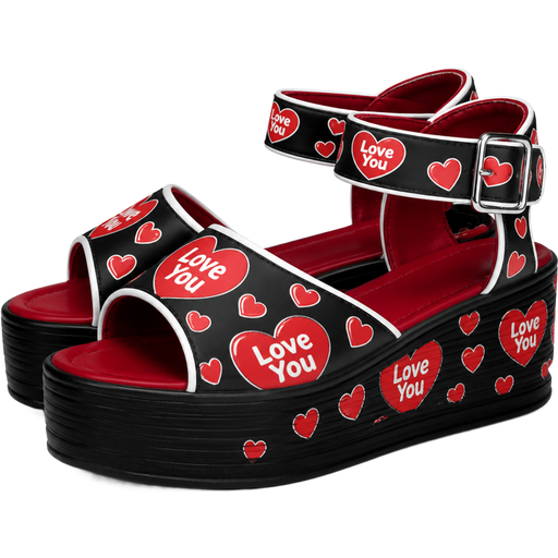 Black Solas Platform Open Toe Sandals with a Red Printed Pattern of Hearts along the shoes that Reads “Love You” Written in White Printing on the Big hearts and White Lining and Red Inside of the Shoes