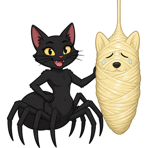 black anthropomorphic cat drider hybrid smiling next to #FFF4A6 completely covered spider cocoon mummified completely covered anthropomorphic corgi worried with #FFF4A6 spider slik wrappings completely covered hanging