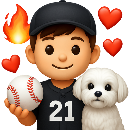 A boy with brown hair has a black baseball uniform with number 21 on it and a baseball and add fire and hearts around it, and a lhaso alpso Maltese dog next to him
