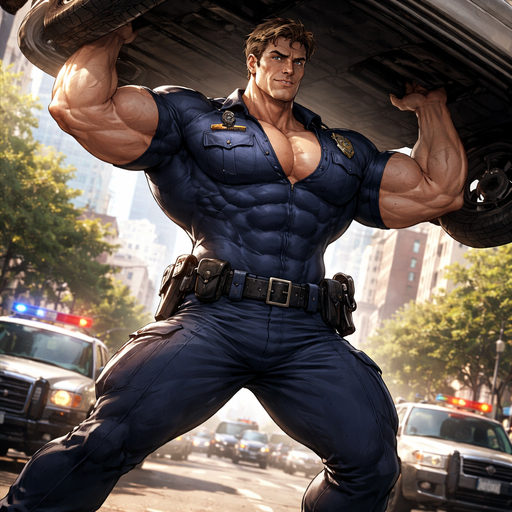 A Full body View of a Buff, Gigantic and Sexy Middle aged Policman with brown hair and Brown eyes and Humongous pecs and Biceps and lifting a Car