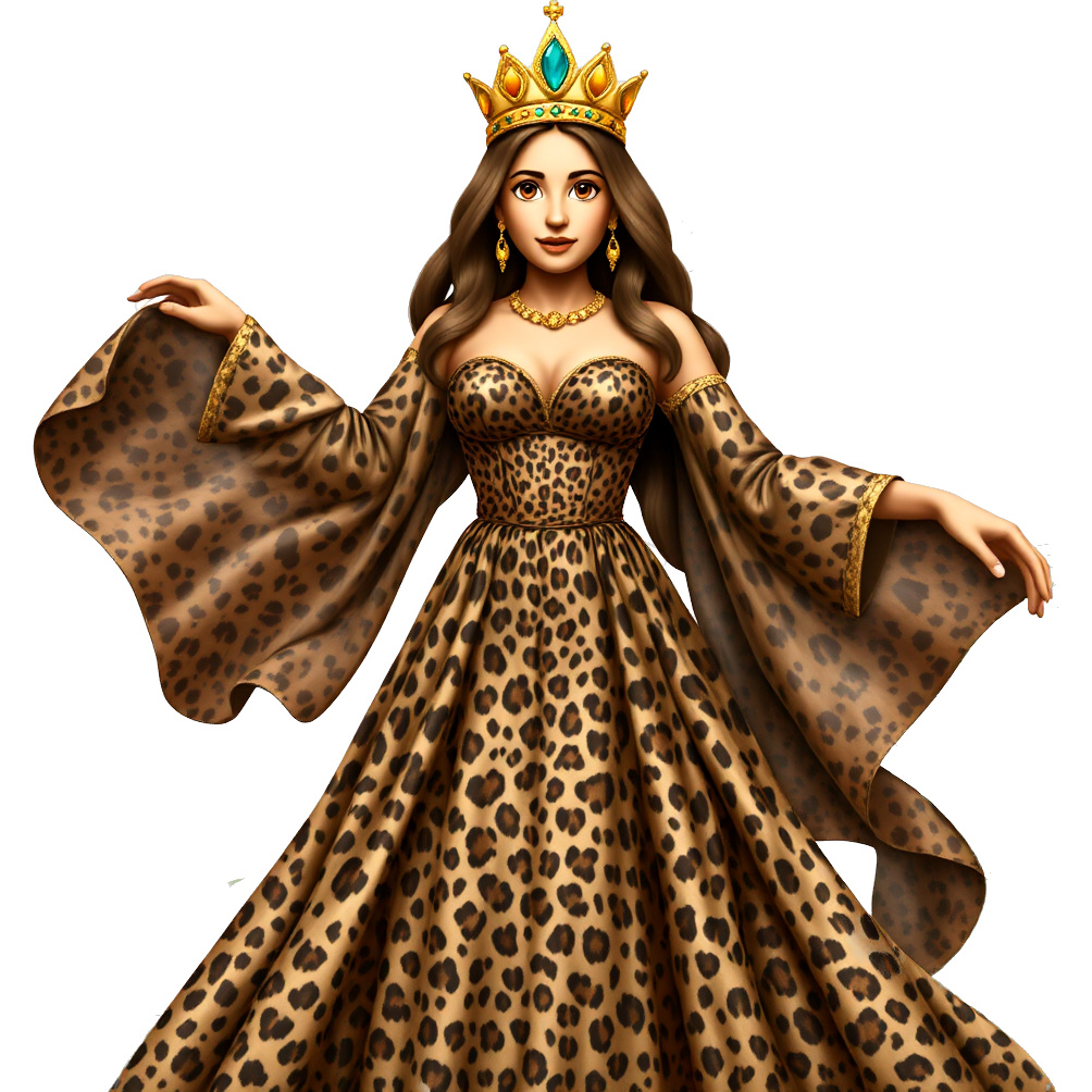 "Vibrant Cheetah Princess" adorned in a flowing, shimmering gown featuring a majestic cheetah print pattern. Gold accessories glisten, while her crown sparkles with jungle-inspired gemstones. She embodies grace and strength, with a backdrop of lush greenery, ready to command the wilderness.