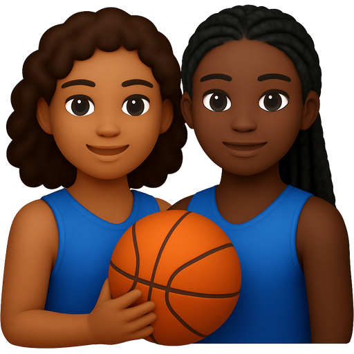 A girl with curl brown hair with a blue jersey mixed dark skin brown eyes holding a basketball with a girl that is black with box braids blue jersey taller black eyes