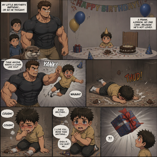 A DETAILED AND LIFELIKE ANIME Comic Book story view of a Bulky but Muscular ANIME Cute Bara Man With Peach toned skin Who looks Normal aind round facial Structure and Basic facial structure With Puffy and Big Pecs that are visible through the shirt and Biceps and Bandaid on his nose and Brown short hair that makes them look tough. Wearing normal With his pet Grown and healthy realistic otter and 2 little brothers that are in different ages but young. At the baby brother‘s birthday party And the baby on his birthday was left home alone with no one at his party and it was a prank from him with no one around to show that the baby isn’t loved And so he picks the little baby brother up at his alone Party by the arm and the baby brother fly’s into to the floor and cries but is to weak and the baby brother sits there coughing and gets up slowly. And expresses his undying love for his big brother. and a present flies