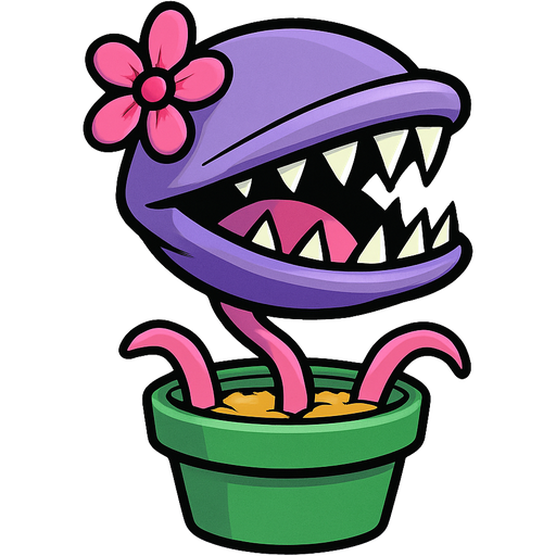 purple clam with pink flower petals sharp teeth pink stem in a green flower pot with yellow dirt pink tentacles sticking out of some cracks