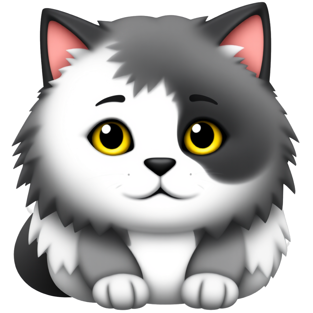 Generate an illustration of a fluffy black-and-white cat with a rounded face and large yellow-green eyes, looking calm and curious. The cat should have a unique black patch that starts at the nose, extends diagonally to the left cheek, and should resemble a ‘mole’ mark. The face should feature a mask-like pattern, with black covering the upper face and white fur on the chin and lower cheeks. Make the fur texture soft and fluffy, and the ears triangular and mostly black, with subtle white at the edges.