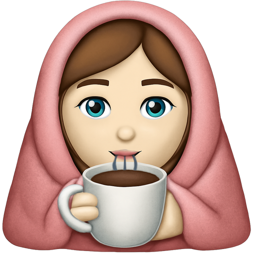 Cozy turquoise eyes pale skin girl brown soft hair covered with pink blanket drinking hot chocolate