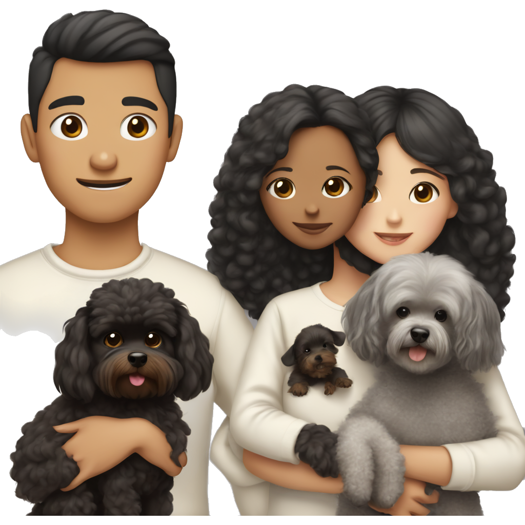 An Asian girl with dark brown hair, wearing a comfy sweater, was holding a black poodle with white chest hair and a Yorkshire terrier with white chest hair in her arms