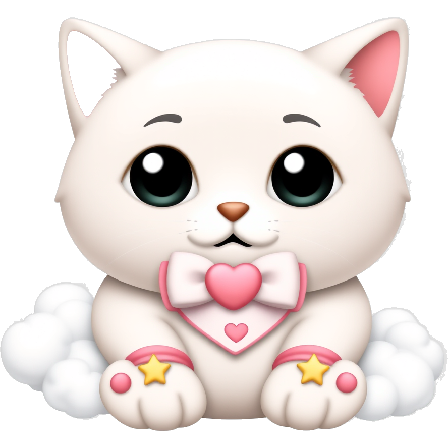 A chubby, pastel-colored cat with oversized sparkling eyes, wearing a tiny frilly bow tie and a heart-patterned neckerchief. Its paws are adorned with tiny star-shaped bracelets, and it has fluffy clouds and twinkling stars floating around it, radiating pure kawaii bliss! πππΎ