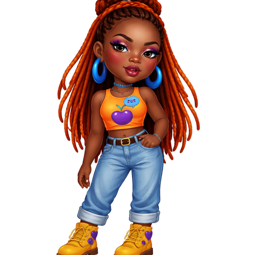 Cherry Crisp with a Dark-Deep Neutral Espresso Skin Tone with a Heavy Lower Lip Shape with a Fairy Set Eyelash Set Up with a Lost Cherry Purple Lipstick Look with a Magenta Purple Eyeshadow and a Natural Arched Eyebrow with a Protruding Eye Shape and a Triangle Face Shape Wearing Orange Long Faux Dreadlocks in a Half-Up-Half-Down Hairstyle Wearing Blue Bold Crescent Hoop Earrings Wearing a Blue Choker Necklace With a Bright Orange Cropped Top With a Print of a Purple Cherry with a Blue Speech Bubble in the Back of it with Light Blue Denim Jeans with it being rolled up at the ends Wearing Yellow Suede Laced Boots with a Printed Pattern of Two Purple Hearts on both Sides Wearing a Brown Belt With a Gold Buckle and A Mature Adult Toned Build with a Cinematic Glow and Vivid with Distinct Features and High Visual Textures
