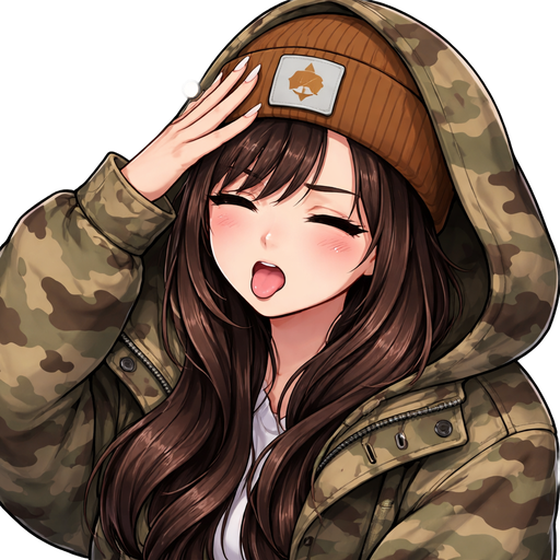 Pretty girl, long eyelashes, eyes open and very long dark brown hair with side swept curtain bangs, full but not too full lips, and extra long pointy nails, wearing a Carhartt brown beanie, with a oversized official army issued camouflage print unbuttoned army jacket with hood pulled up, making a face like “D’oh!”