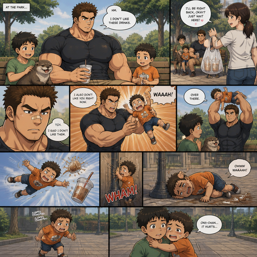 A DETAILED AND LIFELIKE ANIME Comic Book story view of a Bulky but Muscular ANIME Cute Bara Man With Peach toned skin Who looks Normal aind round facial Structure and Basic facial structure With Puffy and Big Pecs that are visible through the shirt and Biceps and Bandaid on his nose and Brown short hair that makes them look tough. Wearing normal With his pet Grown and healthy realistic otter and 2 little brothers that are in different ages but young. At the park and there mom dropped theme after getting drinks And he doesn‘t like them and picks the little brother up and fly’s to the Bench and the youngest and he doesn‘t like the youngest. And the youngest flies into the streetlight and spills his drinks everyting and lays on his Side crying and limps to his other little brother cause he’s cause he was thrown and limps
