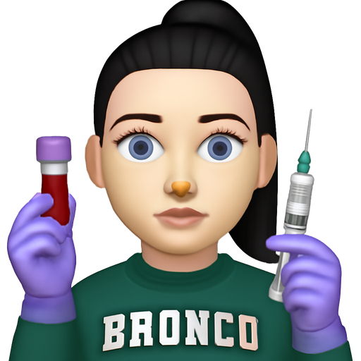 Woman wearing a nose ring, with a nose ring, white skin, black hair pulled straight back into a top ponytail, pale blue eyes, thin high arched eyebrows, wearing a green ford bronco sweatshirt, light purple gloves, holding a purple top vial of blood and a syringe