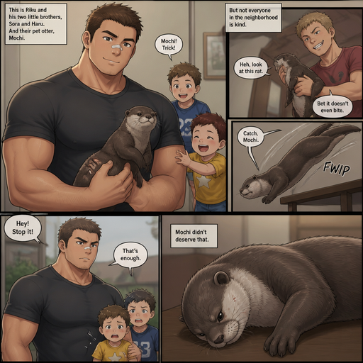 A DETAILED AND LIFELIKE ANIME Comic Book story view of a Bulky but Muscular ANIME Cute Bara Man With Peach toned skin Who looks Normal aind round facial Structure and Basic facial structure With Puffy and Big Pecs that are visible through the shirt and Biceps and Bandaid on his nose and Brown short hair that makes them look tough. Wearing normal With his pet Grown and healthy realistic otter who is Mistreated and 2 little brothers that are in different ages but young. Then the otter flys to the edge of the table. and lays on its side