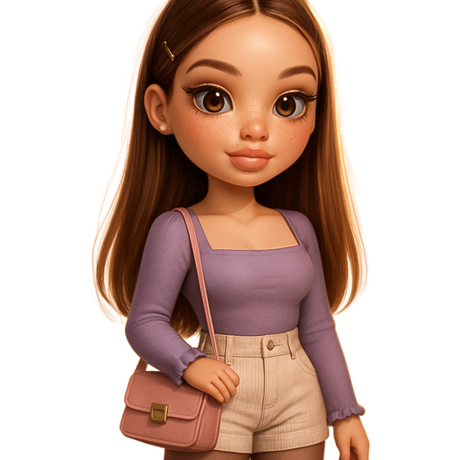 semi-realistic soft cartoon luxury glam, mini plush Bratz-doll aesthetic, cinematic glow, crisp clean detail, glossy glam skin. brown eyed skinny Petite girl, fair skin with soft freckles, wide face with tall forehead, honey-brown almond wide-set upturned eyes, fluttery lashes, shimmer highlight, plush lips, bottom heavy lip, sweet Belle-princess vibe, long straight brunette hair with visible blonde highlights, softly defined feminine body, soft hourglass shape with full round bust, Muted lavender square-neck long sleeve top with soft lettuce edges, tucked into cream corduroy mini shorts with delicate gold button detailing. Sheer warm taupe tights, black platform ankle heels, and a tiny soft pink crossbody bag with a brushed gold clasp. Hair straightened and parted in the middle, tucked behind one ear with a bobby pin. Cozy romantic glow, soft warm lighting, pop-princess energy