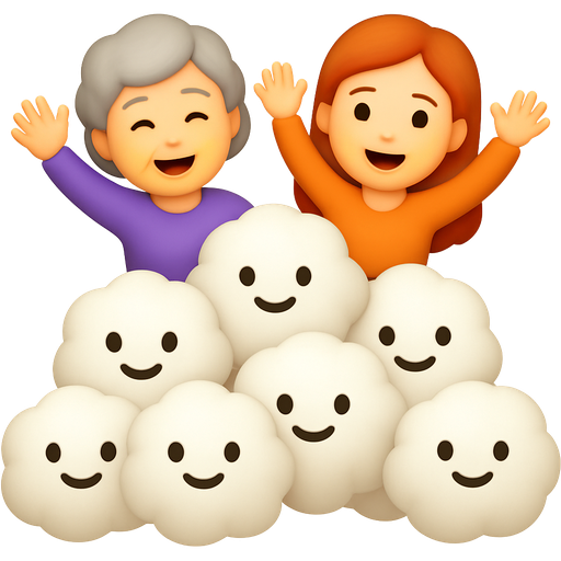 Pile of anthropomorphic smiling cotton balls with a brown haired older woman and a red haired thirty year old jumping up and down in the huge cotton balls