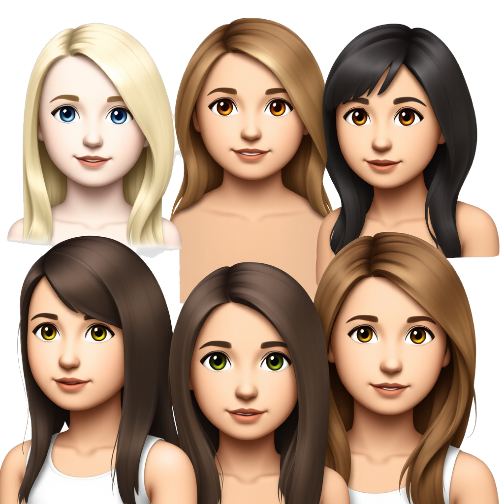 one girl with blonde hair blue eyes, another girl with brunette hair and brown eyes and tan skin, another girl with brown to blonde hair with green eyes, another girl with brown hair and green eyes and tan skin, another girl with black hair and brown eyes, another girl with brown hair and blue eyes, and another girl with brown hair blue eyes and tan skin