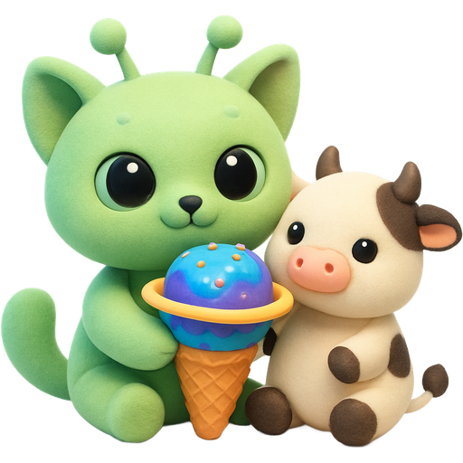 A cute build-a-bear style alien cat plushie holding yummy colorful space ice cream that’s shaped like a planet on a yummy ice cream cone with a cute cow plushie resting against them