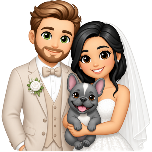 Wedding emojis in a white, beige pastel pink colour palette groom with light brown hair green eyes and light brown beard bride black hair holding blue gray happy frenchie with brown eyes