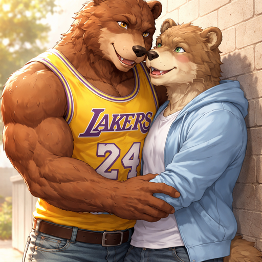 A Full BODY and FACE of a Buff and a Bara Furry Grizzly Bear with brown eyes with a wrestler type body. Wearing a Lakers jersey and Jeans. Talking to his Boyfriend And Hugging him around the waist. On a Wall