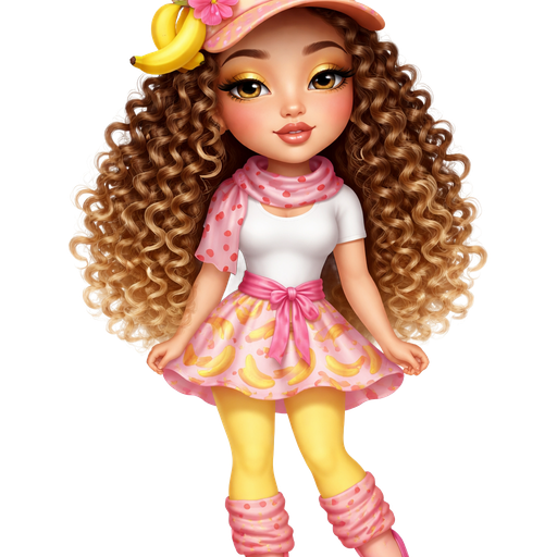Banana Candy with a Fair-Light Warm Golden Natural Skin Tone with a Smear Lip Shape and a Dream Chaser Eyelash Set Up With a Fudge Brownie Lipstick Finish with a Soft Golden Yellow Eyeshadow Look with a Upward Eyebrow Shape and Close Set Eyes along with a Oval Face Shape and Wearing a Yellow Cap Hat with a Pink Ribbon and Red Polka Dots in the Middle and a Banana on the Left Side and a Pink Flower Clip on Top of it With Long Tight Curly Brown with Blonde Highlights Wearing a White T-Shirt and Pink Tie Around Her Waist With a Pink Skirt and a Banana Pattern Print going across it also Furthering that She is Wearing a Pink Scarf With Red Polka Dots and with Yellow Yoga Pants and Short Pink Sock Warmers with Red Polka Dots and Pink Flats with Yellow Bows on the Top adding an Adult Toned Build with Vivid and Distinct Features and High Visual Features in a Soft HD Intense Polished Shine