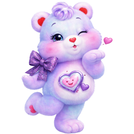 Dearest Heart Care Bear with Pale Blue and Pastel Purple Ombré Pattern Fur with a Red Heart Nose and Red Heart Ears, Pink Paws and Feet with a Glittery Dark Purple Bow around the Left side of the neck with a Smiling Pink Heart with Red cheeks and a Opened Heart-Shaped Purple Compact Mirror with a Pink Heart hiding on the inside of it and A Purple Heart Next to it on the Stomach with Purple Ombré Curly Fringe Tufts of Hair Blowing a kiss while standing with one foot going Upwards underneath the other Leg
