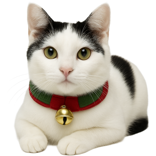 A white cat with black spots that is laying down with a Christmas color that has a bell on and it is red and white and green and the cat is a girl