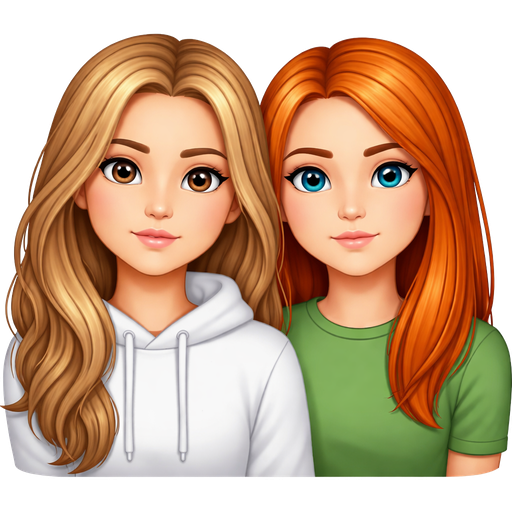 Two friends, one with long dirty blonde wavy hair without bangs, brown eyes, and the other with ginger straight hair, blue eyes, and the bold one wearing a white hoodie and the red head one wearing green T-short not smiling