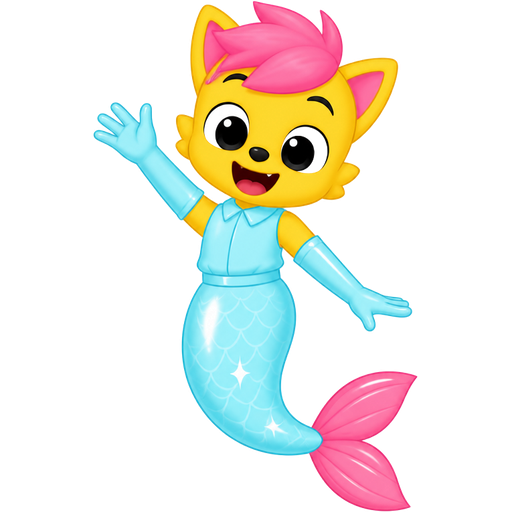 yellow boy cat furry with pink hair and light cyan very long rubber gloves light cyan dress tucked in light cyan mermaid tail with white highlights with pink tail fins (based on pinkfong)