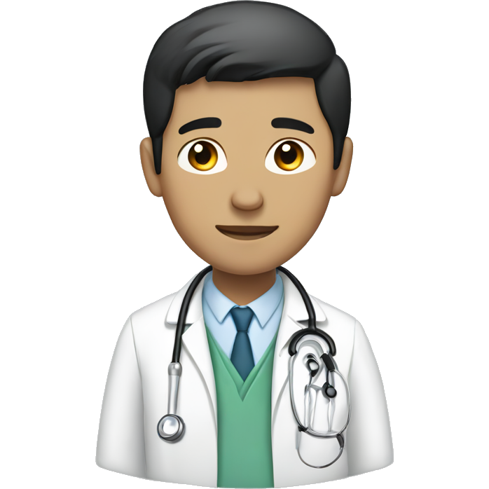 A man with short black hair, wearing a doctor’s coat and stethoscope, looking intelligent and calm."