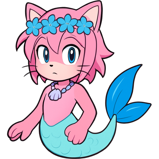 Male pink anthro cat with pink hair blue flower crown with light purple shell necklace long cyan and white mermaid tail with blue fins sonic x style