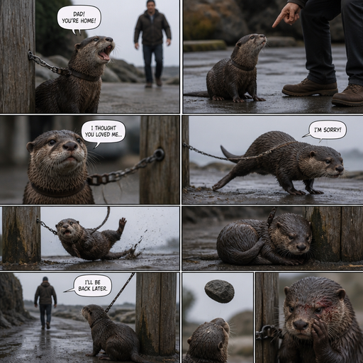 A comic book about a Otter connected to a pole and he sees a man walk toward him and he gets happy, but the man disciplines him and he gets confused and says I thought you loved me and the otter tries to run away but the otter is still connected to a pole and he flys back to the pole. And the otter lays on the pole and trembles when the owner walks to him and says I’ll be back later and the otter cries wishing he were nicer. And a rock flys, and then the otter touches red on his face