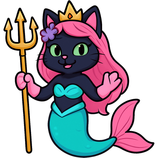 black cat smiling pink long hair golden crown purple and blue flowers green eyes light pink gloves very long cyan mermaid tail with pink fins swimsuit cyan holding a golden trident