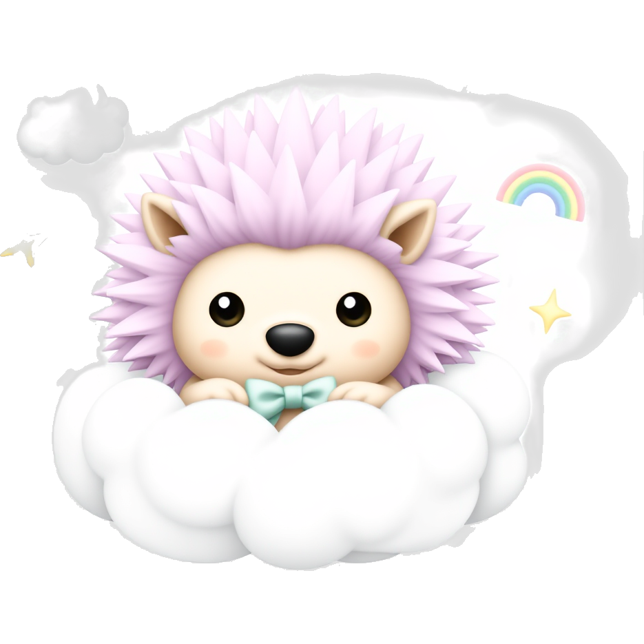 Pastel Hedgehog: A charming little hedgehog adorned in soft lavender and blush pink spikes, wearing a tiny mint green bowtie. Its round, sparkly eyes shine like pastel stars, and it snuggles into a fluffy cotton candy cloud, surrounded by twinkling pastel stars and gentle rainbows. π¦β¨π