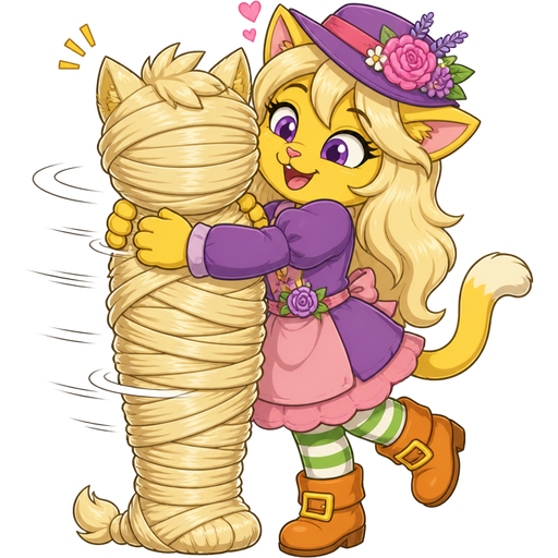 green boy cat furry getting quickly wrapped up mummified by furry yellow cat anthro with purple eyes light blonde hair purple and pink florist hat and purple florist outfit green and white socks orange boots with buckles light pink skirt with its own light blonde hair 2 light blonde hair mummy shaped like green boy cat furry completely covered with light blonde hair mummy then furry yellow cat anthro with purple eyes light blonde hair purple and pink florist hat and purple florist outfit green and white socks orange boots with buckles light pink skirt hugs the light blonde hair mummy cartoon version