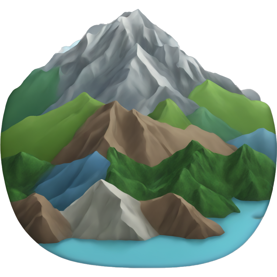 One brown, green, grey and white mountain plus blue lake with soft rounded edges 🏔️ (All over transparent background)