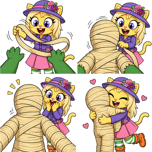 green boy cat furry in first person view getting quickly wrapped up mummified by furry yellow cat anthro with purple eyes light blonde hair purple and pink florist hat and purple florist outfit green and white socks orange boots with buckles light pink skirtwith light blonde hair 2 light blonde hair mummy shaped like green boy cat furry in first person view completely covered with light blonde hair mummy then furry yellow cat anthro with purple eyes light blonde hair purple and pink florist hat and purple florist outfit green and white socks orange boots with buckles light pink skirt hugs the light blonde hair mummy in first person view cartoon happy tree friends comic version