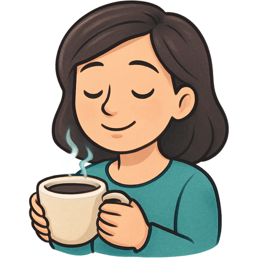 mom holding warm cup of coffee, beige-light skin, dark hair, gray-blue eyes, relaxed emotion, blue-green palette, soft magical dust