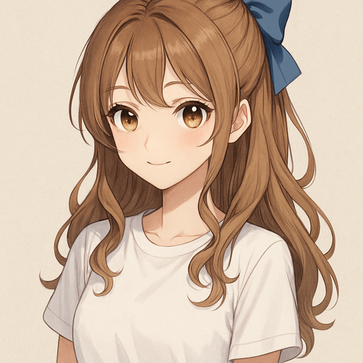 Anime character with a half up half down hairstyle with two front curly pieces a blue bow in the back white T-shirt