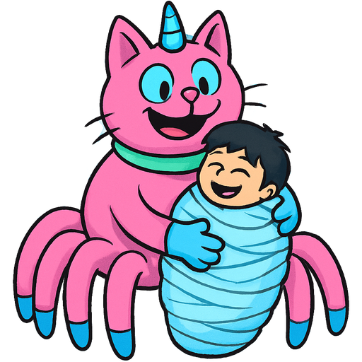 giant pink cat spider hybrid with blue horn green neck blue eyes white wrists blue hands white ankles yellow feet happy hugging #B8FFFF slikworm cocooned pod black haired boy happy covered with #B8FFFF huge coating of #B8FFFF slik and huge #B8FFFF slik wrappings and huge #B8FFFF webbing wrappings #B8FFFF