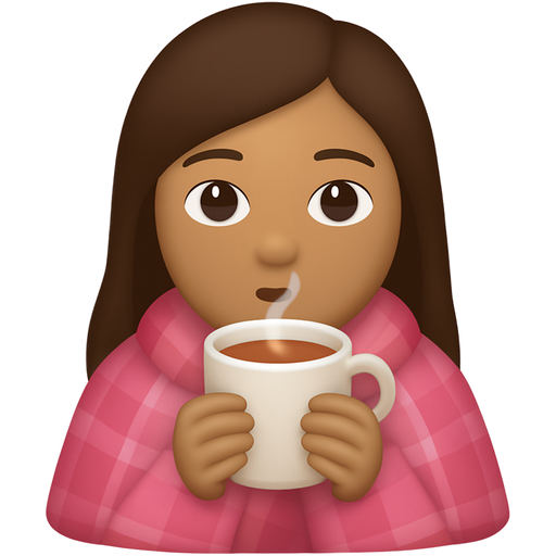 Brown girl with long hair and light skin shoulders wrapped up in a pink plaid blanket drinking hot chocolate