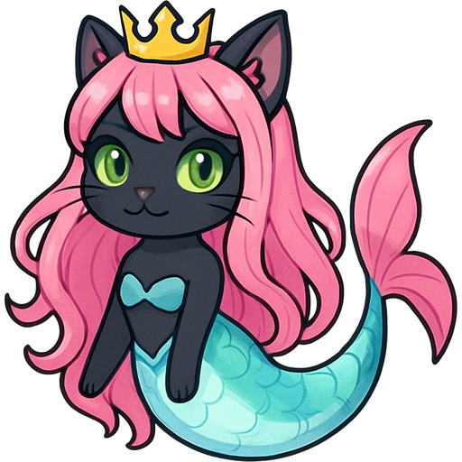 black cat pink long hair crown green eyes very long cyan and white mermaid tail with pink fins swimsuit cyan fairy tail style emoji, artistic style