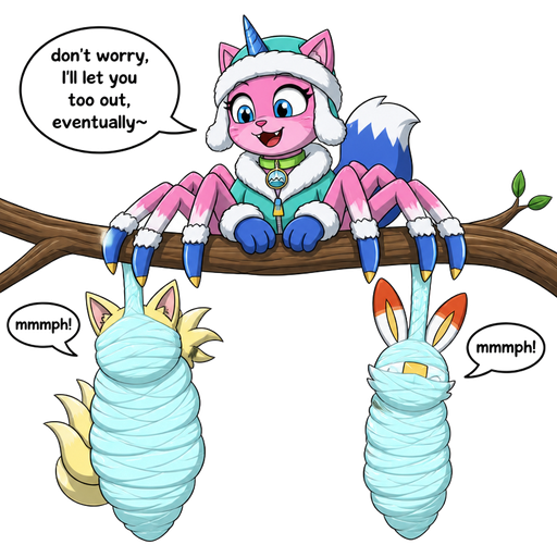 wrapped up and mummified fully covered in a #B8FFFF spider slik cocoon shaped like female anthro yellow kitsune anthro with arms behind back with #B8FFFF spider slik wrappings completely covered with thick layers non-transparent #B8FFFF spider slik wrappings based on ninetales hanged to the branch mmmph! on the left side next to wrapped up and mummified fully covered in a #B8FFFF spider slik cocoon shaped like female anthro rabbit anthro behind back with #B8FFFF spider slik wrappings completely covered with thick layers non-transparent #B8FFFF spider slik wrappings based on scorbunny hanged to the branch mmmph! on the the right side next to happy male anthro furry pink cat with blue and white tail white wrists blue hands white ankles yellow tips on eight spider like legs green collar blue unicorn horn drider based on unikitty tarantriss hybrid wearing everest's hat and clothing sitting on a branch don't worry, I'll let you too out, eventually~