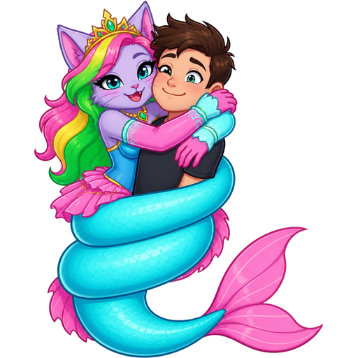 light purple anthro cat smiling with pink and green and yellow hair blue green eyes golden crown with light green necklace light cyan braclets cyan and blue dress with pink skirt attached to long cyan mermaid tail with pink tail fins pink and cyan gloves wrapping around human tightly with long cyan mermaid tail with pink tail fins like a snake