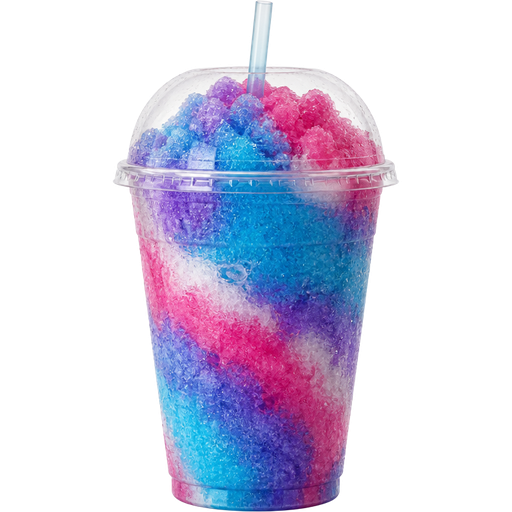Tropical Paradise Shaved Ice Slushie in a Plastic Cup and Plastic Dome Lid with a Straw Mixed in with Extra Syrup and it’s Mixed in with Turquoise Blue, White, Purple and Pink